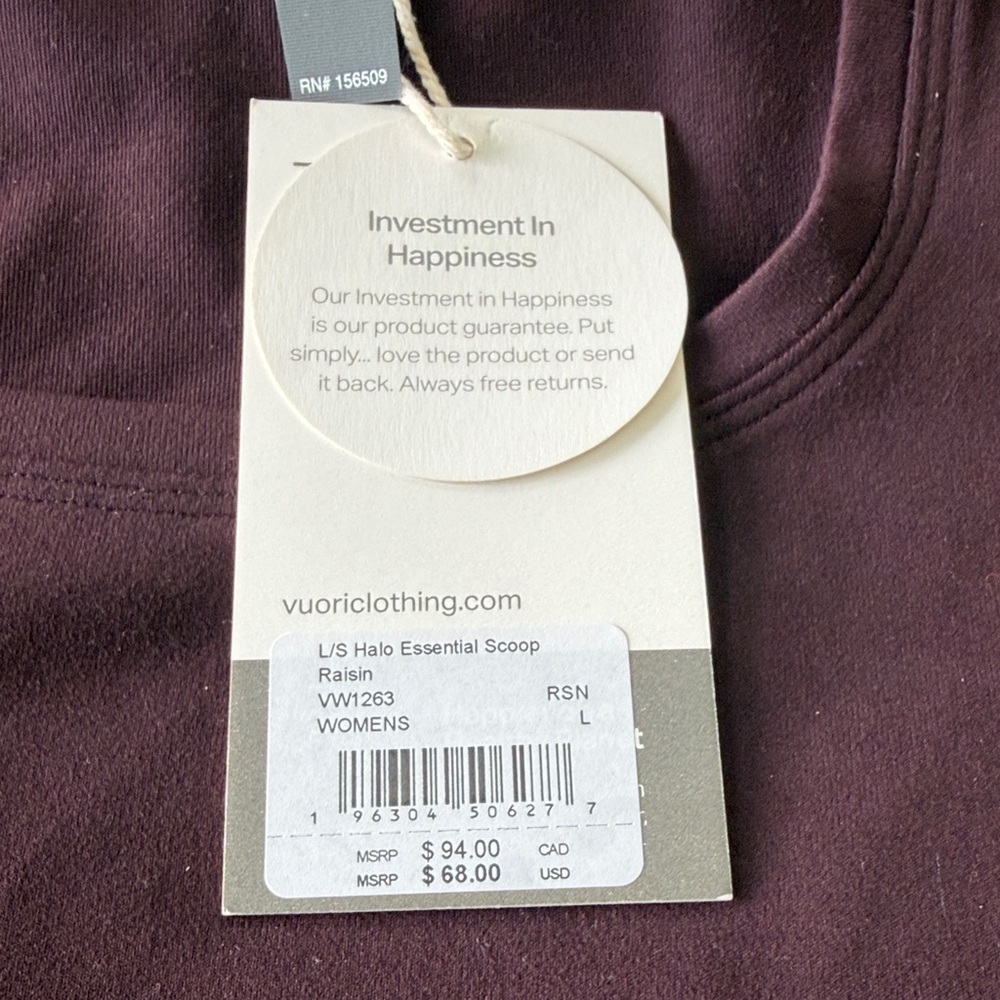 Vuori Women's LS Halo Essential Scoop Top - size L, raisin - Picture 2 of 4